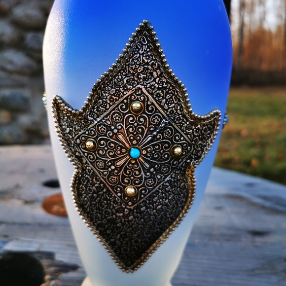 Vintage Blue Ombre Frosted Satin Art Glass Vase with Applied Metal Accents - Picture 3 of 17